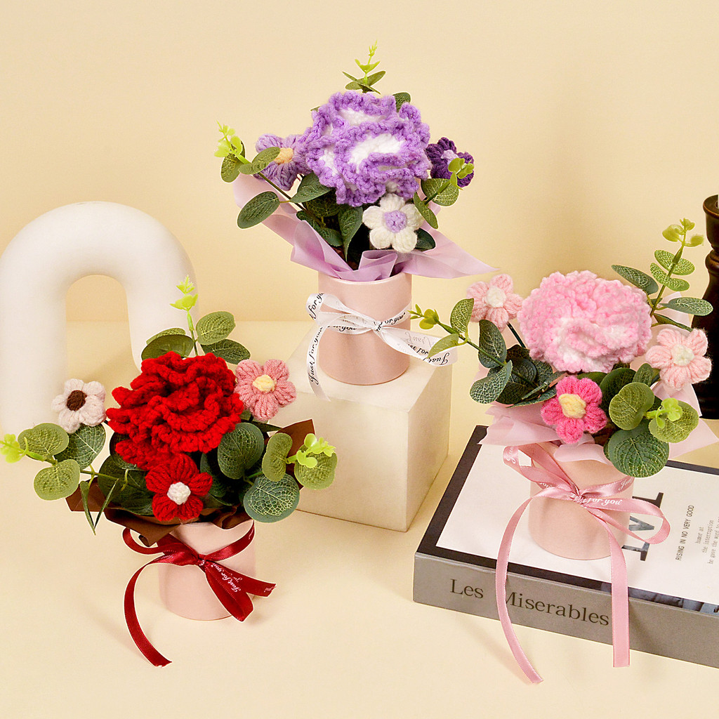 Buquê De Flores De Crochê Artesanal , Cravo De Tecido De Malha-Decoração De Casa E Presente Para Mulher Esposa Mãe , 1 P