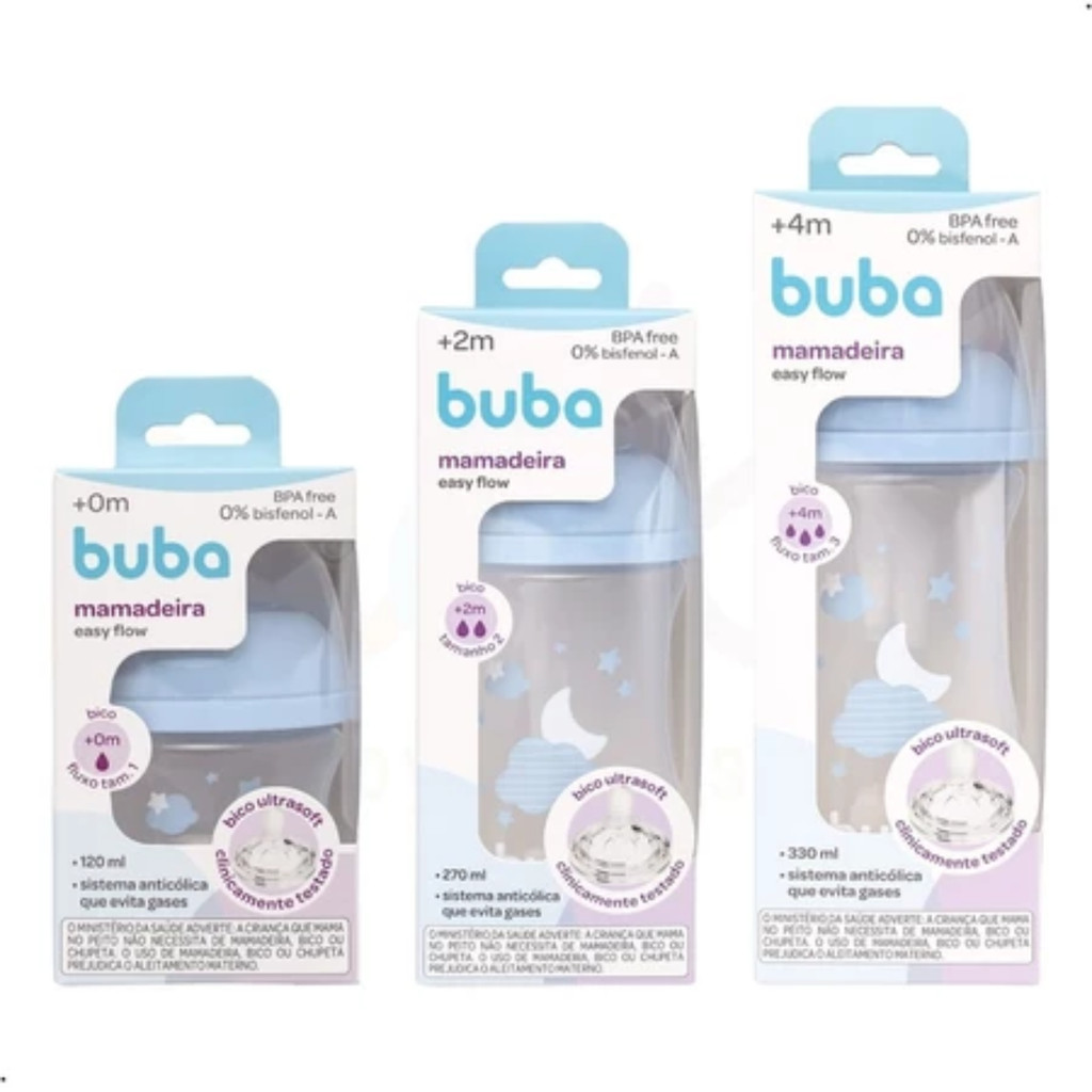 Kit 3 Mamadeiras Anticólica Buba Easy Flow 120ml, 270ml e 330ml