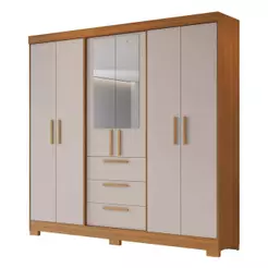 Guarda Roupa Casal 6 Portas com Espelho 3 Gavetas 180cm Cor Freijó/Off White - Notável Móveis