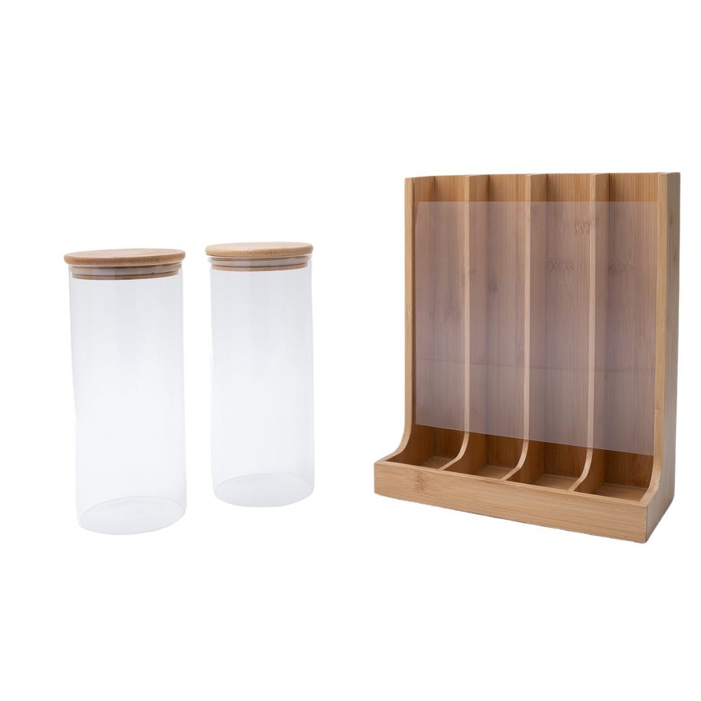 Kit com 2 Potes de Vidro com Tampa de Bambu 1,6l E Porta Cápsulas de Bambu - Oikos em Oferta na Shopee