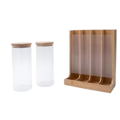 Kit com 2 Potes de Vidro com Tampa de Bambu 1,6l E Porta Cápsulas de Bambu - Oikos