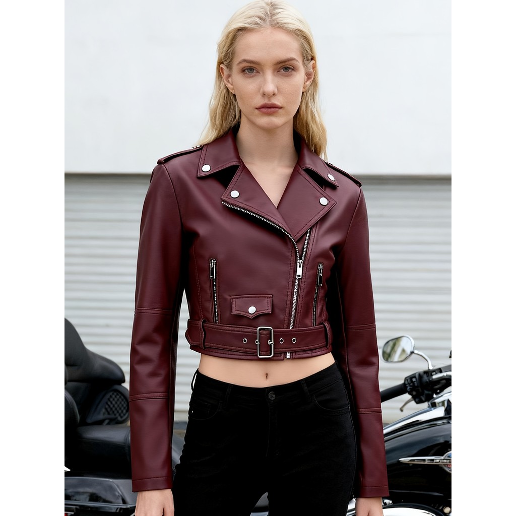 [Jaqueta Curta De Couro PU] Frontal Com Zíper Sólido , Casual Leve De Manga Comprida Para Outono E Primavera , Roupas Fe