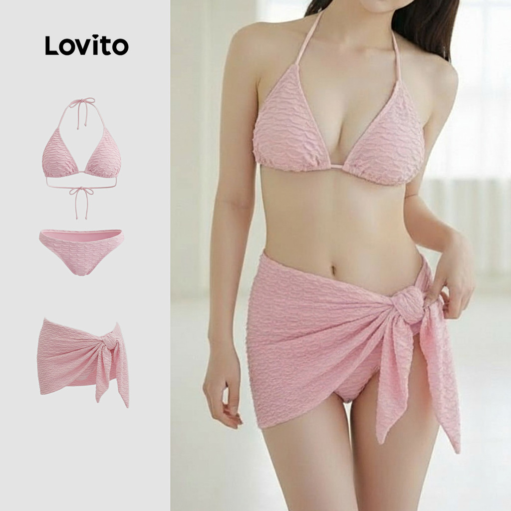Lovito  Conjuntos de Biquíni Primavera/verão Conjuntos de Biquíni Rosa para Mulheres LNE134098 em Oferta na Shopee