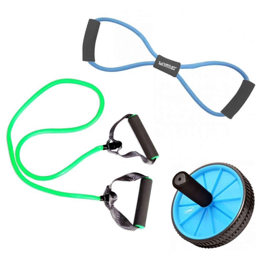 Kit Extensor Elástico Tensão Media Verde + Extensor em 8 Forte Azul + Roda Abdominal