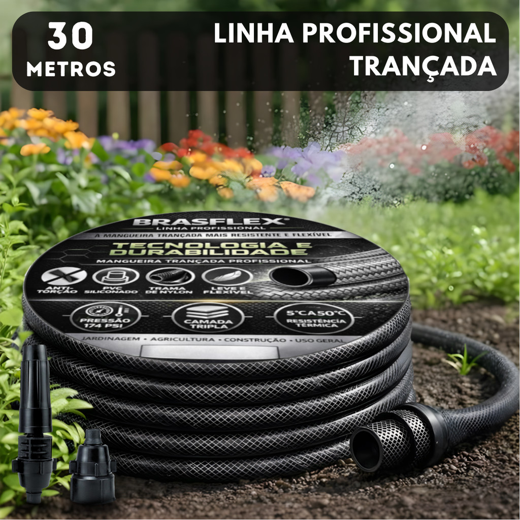 Mangueira Robusta para Jardim 30 Mts BrasFlex Cinza Profissional