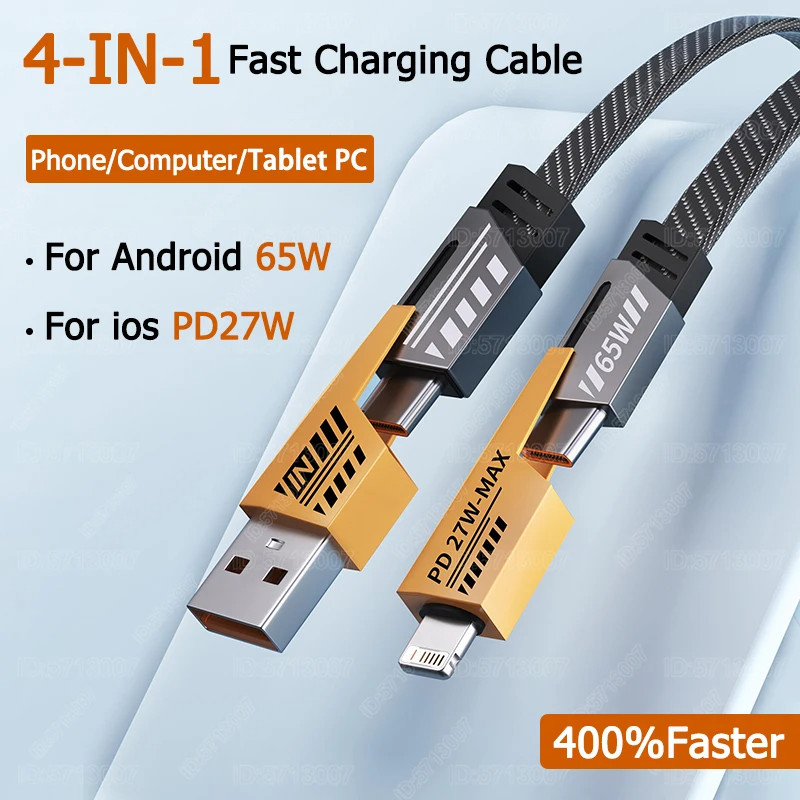 Cabo De Carregamento Rápido 4 Em 1 65 W Estilo Trançado Para IPhone 13 15 Samsung Cool Tech Style Dados