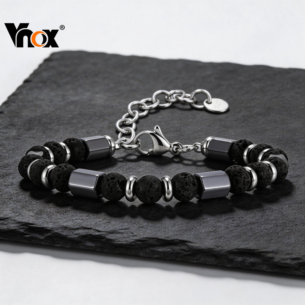 Pulseira De Contas De Pedra Natural Vnox Para Homens , Corrente De Aço Inoxidável , Proteção De Riqueza , Joias , Presen
