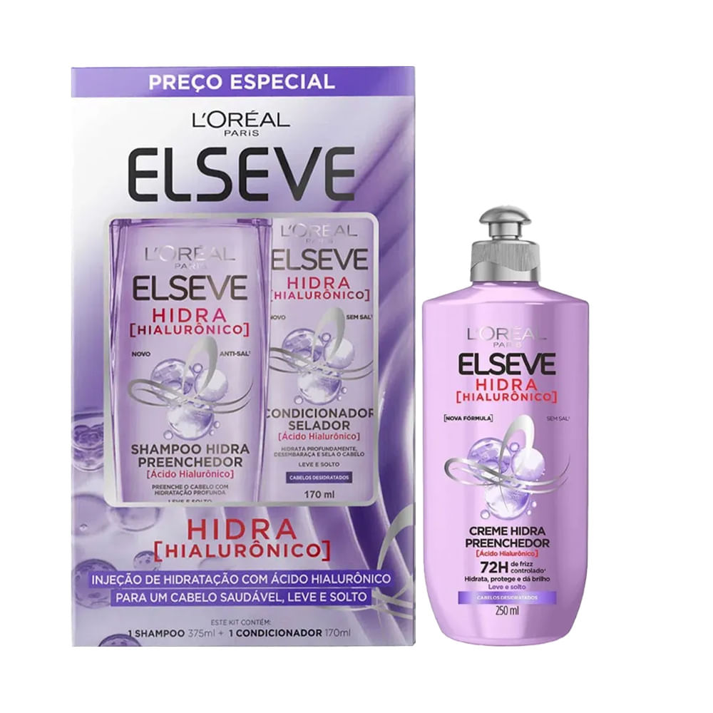 Kit Elseve Shampoo 375ml + Condicionador 170ml + Creme De Pentear Hidra Hialurônico 250ml