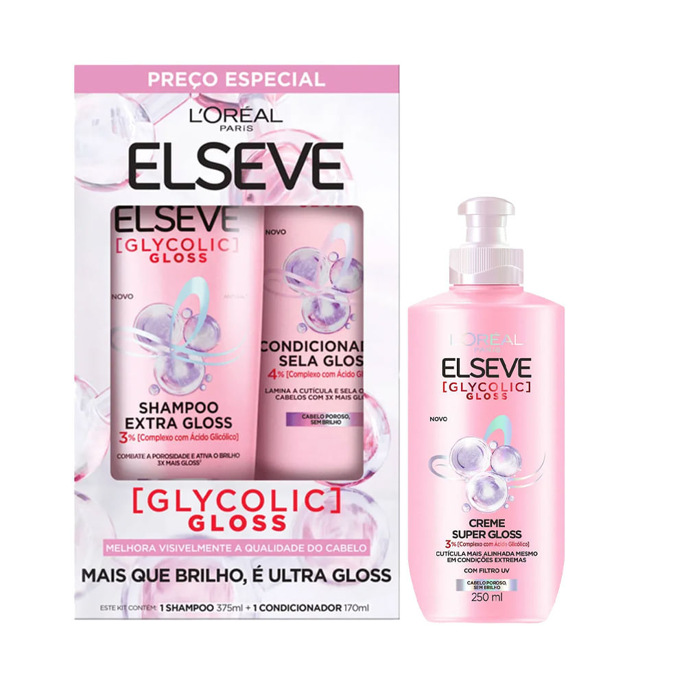 Kit Elseve Shampoo 375ml + Condicionador 170ml + Creme De Pentear Glycolic Gloss 250ml