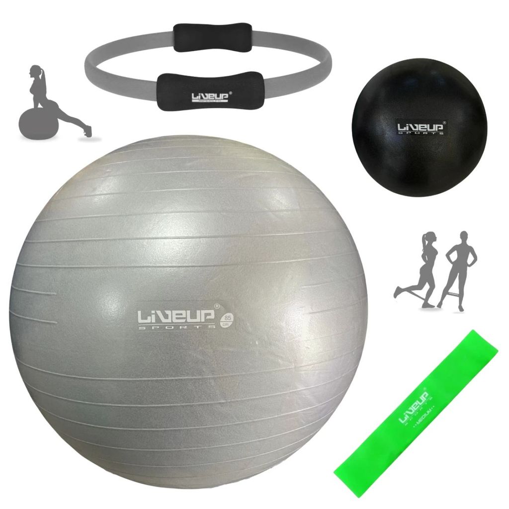 Kit Pilates Bola Suiça Premium 85cm Cinza + Inflador + Anel Fortalecedor + Overball 25cm + Mini Band