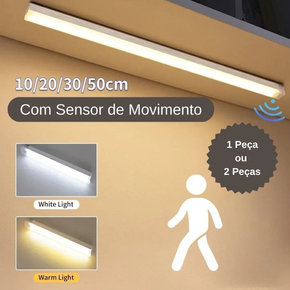 1/2 Smart Luminária Inteligente Ultra LED com sensor de movimento sem fio e Recarregável USB fino barra 20/40/60cm