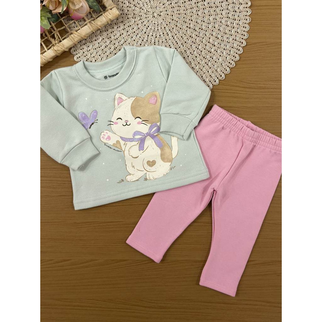 Conjunto Infantil Menina Brandili com Legging e Moletom Flanelado Verde Gatinho