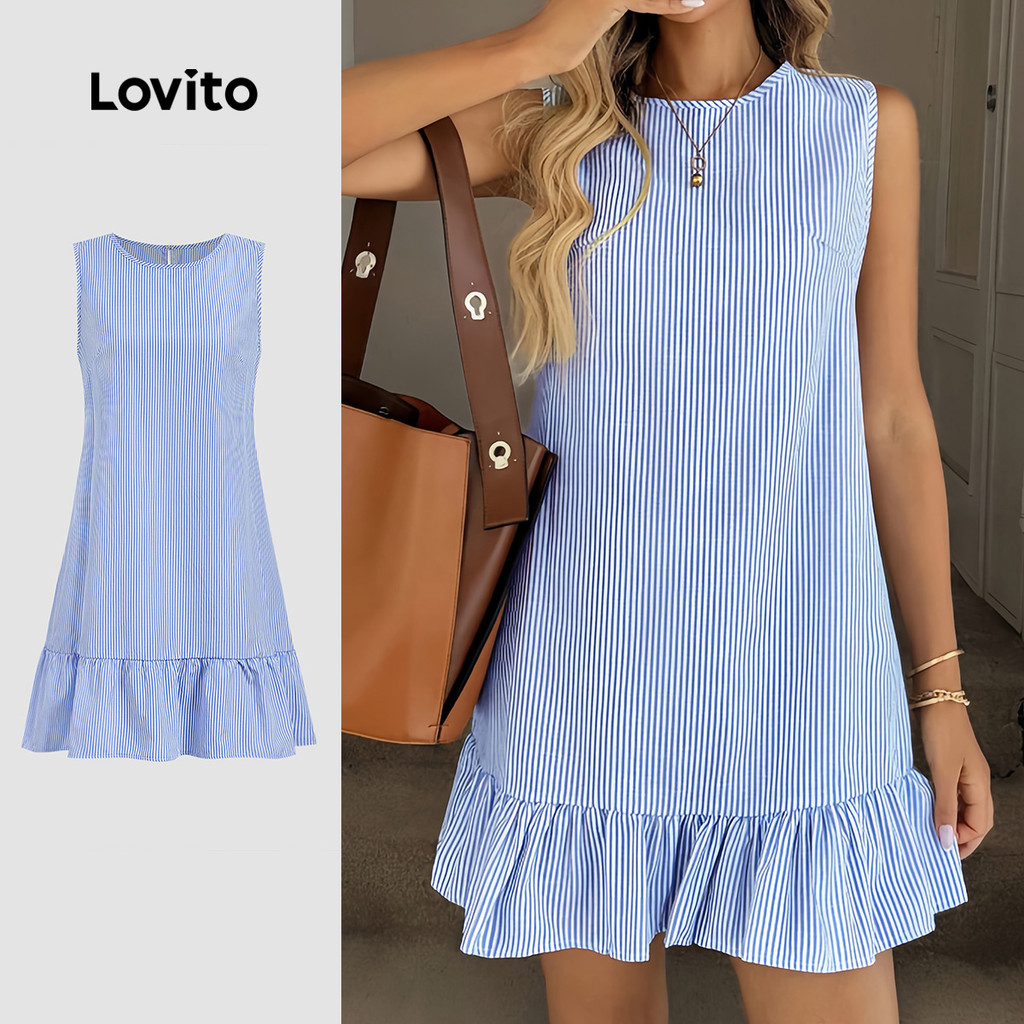 Lovito Casual Vestido Babado e Estiloso Primavera/verão Azul Claro Vestido para 