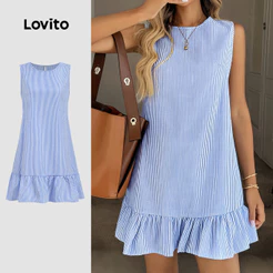 Lovito Casual Vestido Babado e Estiloso Primavera/verão Azul Claro Vestido para Mulheres L178ED1375