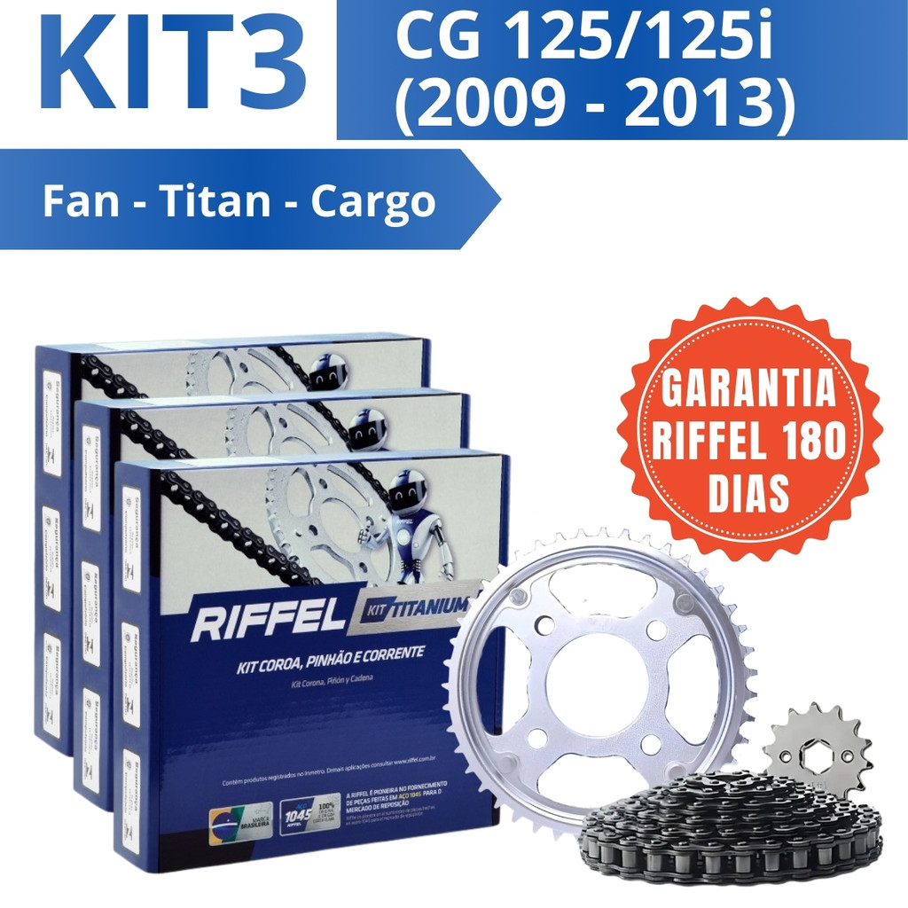 Kit 3 Relação Transmissão CG 125/125i Titan 2009 a 2013 – Riffel Titanium Aço 1045 91048-SH-K3