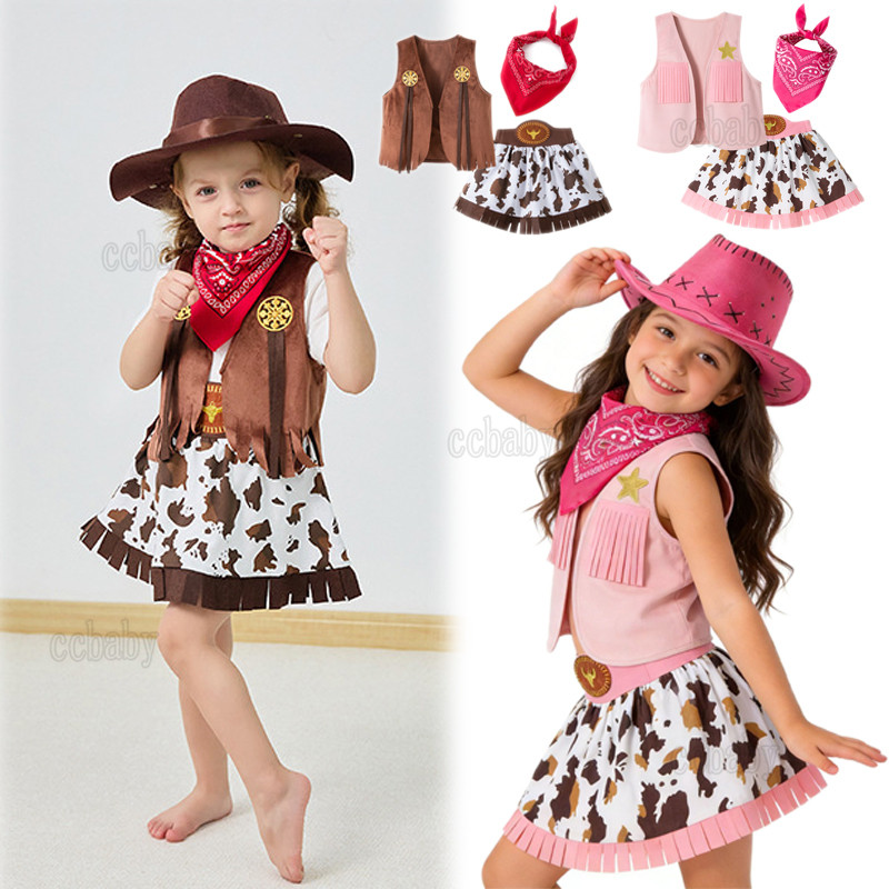 Conjunto De Fantasia De Cowboy/Vaca De 1 A 10 Anos Para Crianças , Menino , Menina , Saia/Calça , Colete , Camisa , Chap