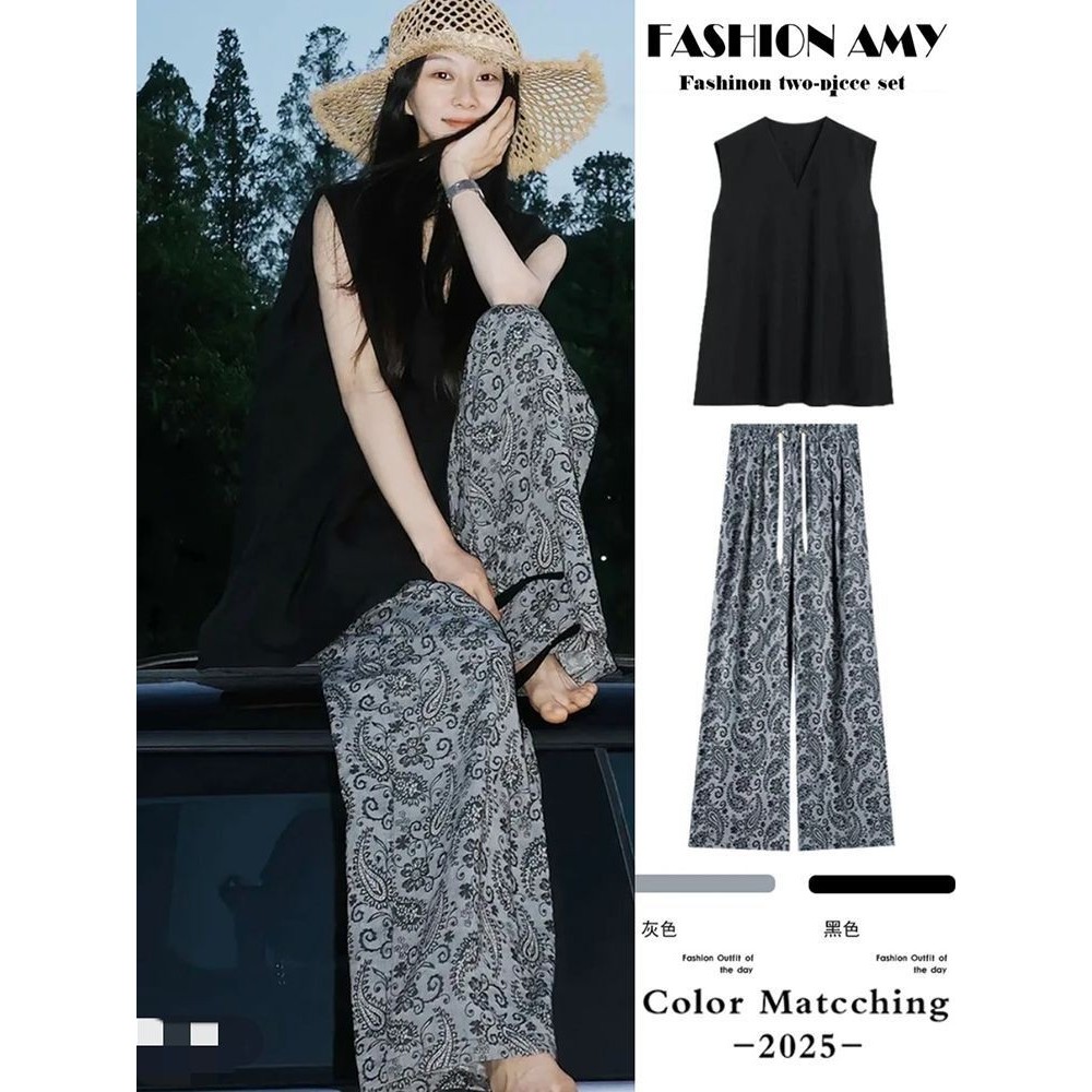 Terno de maternidade sem mangas colete preguiçoso Top Floral Casual reto calças largas 3.22