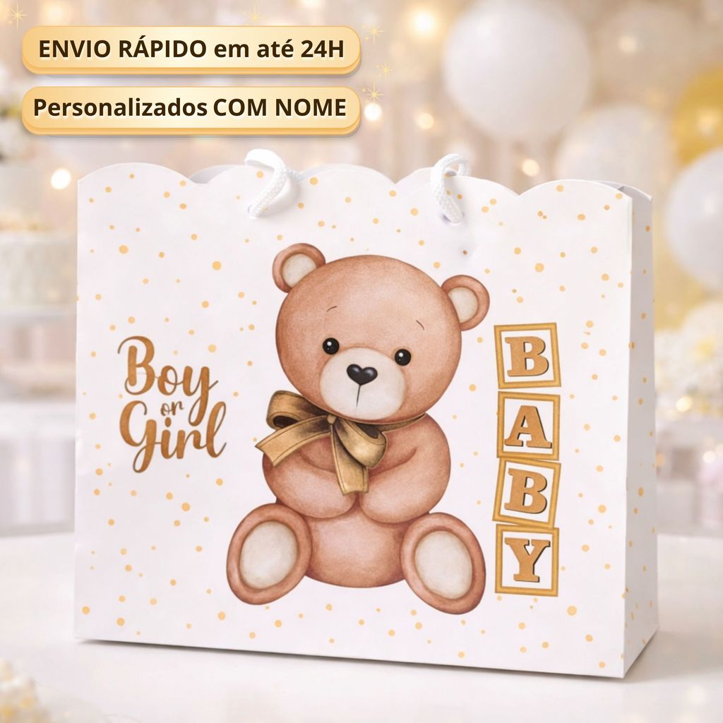 Sacolinha Chá Revelação Ursinho Dourado Poa Desmontada Personalizada Caixinha Lembrancinha Festa Luxo Sacolinha Grande