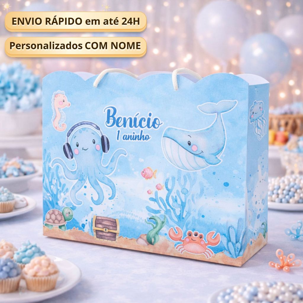 Sacolinha G Fundo do Mar Menino Pegue Monte Personalizada Caixinha Lembrancinha Kit Festa Luxo Sacolinha Grande