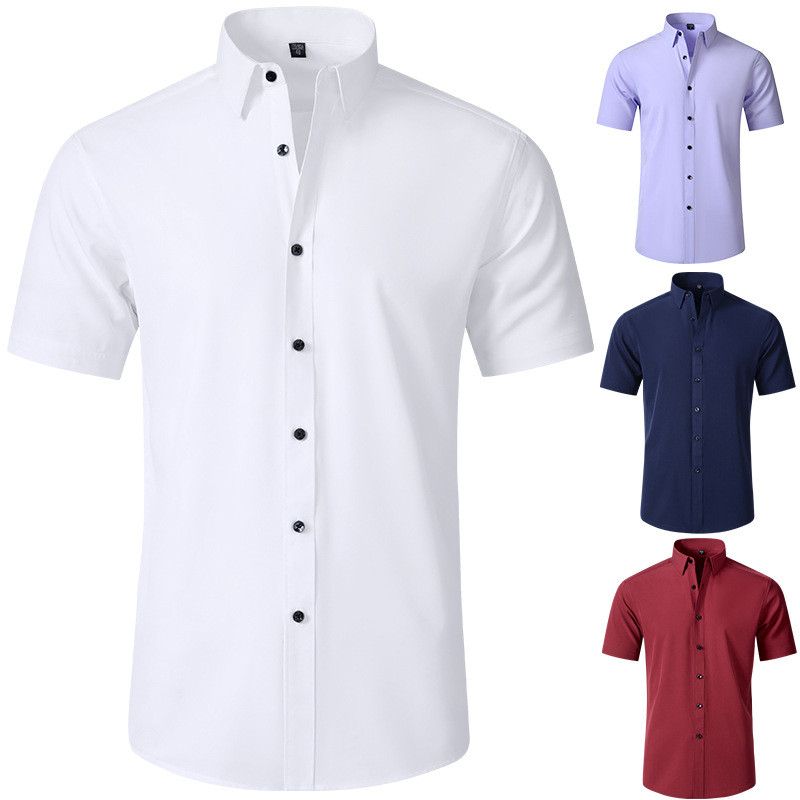 Camisa masculina europeia americana de manga curta verão camisa elástica de quatro lados masculina de manga curta sem fe