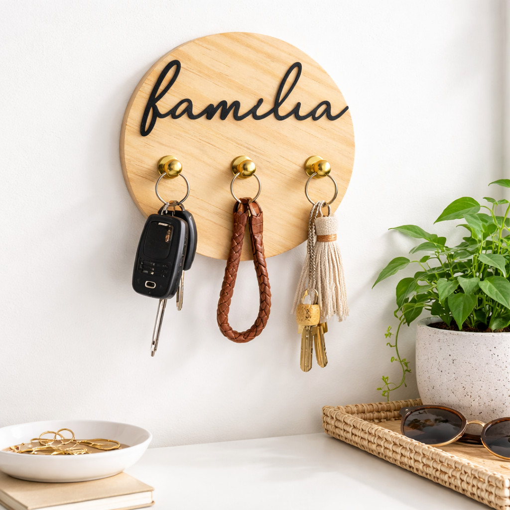 Porta Chaves de Parede Madeira Personalizado Organizador Minimalista Família Decorativo Gancho Adesivo Sem Furar