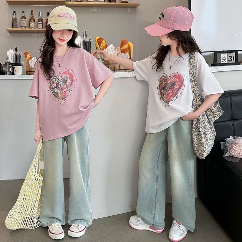 Meninas ternos da moda roupas de verão da moda estudantes do ensino médio camiseta de algodão puro fino Denim calças de