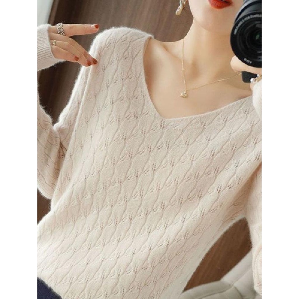 Estilo ocidental camisola feminina solta com decote em V estilo fino primavera outono temperamento oco de manga comprida