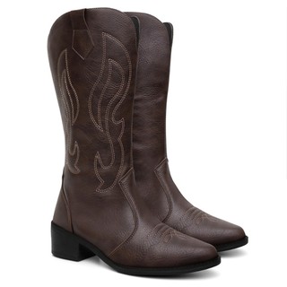 Bota Texana Western Country Bordada Café Marrom Boiadeira Cano Alto