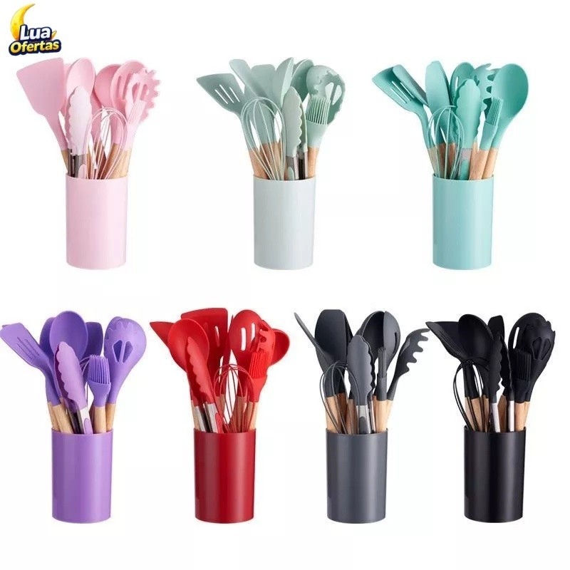 Jogo de Cozinha Kit C/12 Peças Utensílios de Cozinha em Silicone e Cabo de Madeira Antiaderentes