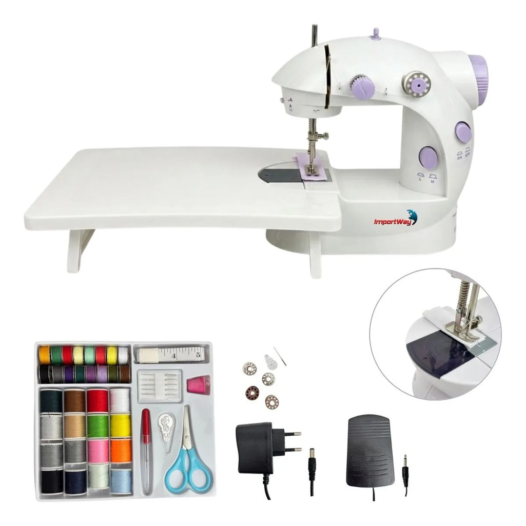 Mini Máquina de Costura Portátil com Mesa e Kit Completo Bivolt Luz LED Pedal Controle Compacta Uso Diário
