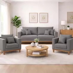 Kit 2 Poltronas Living + Sofá 2 Lugares com Base Madeira Linho