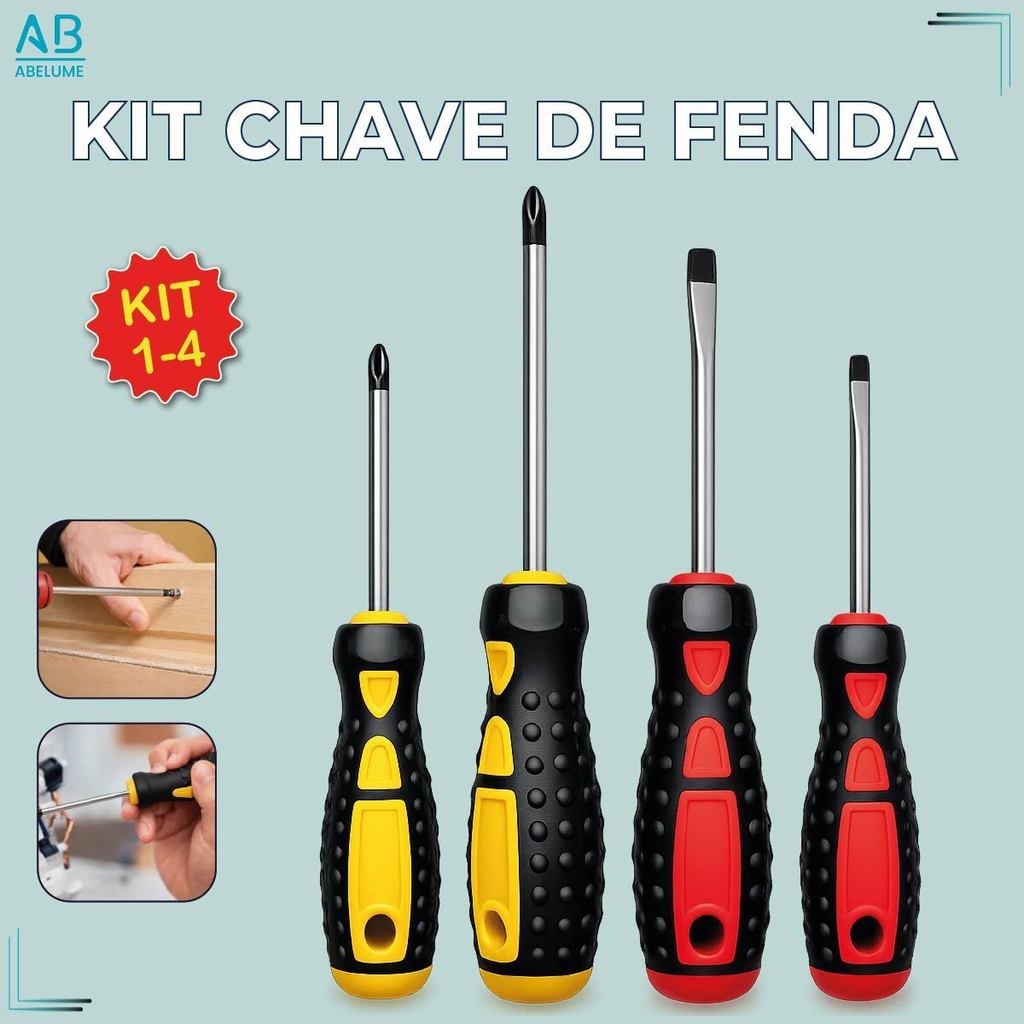 Kit Chave De Fenda e Phillips com Imã 4 Peças Cabo De Borracha Uso Profissional