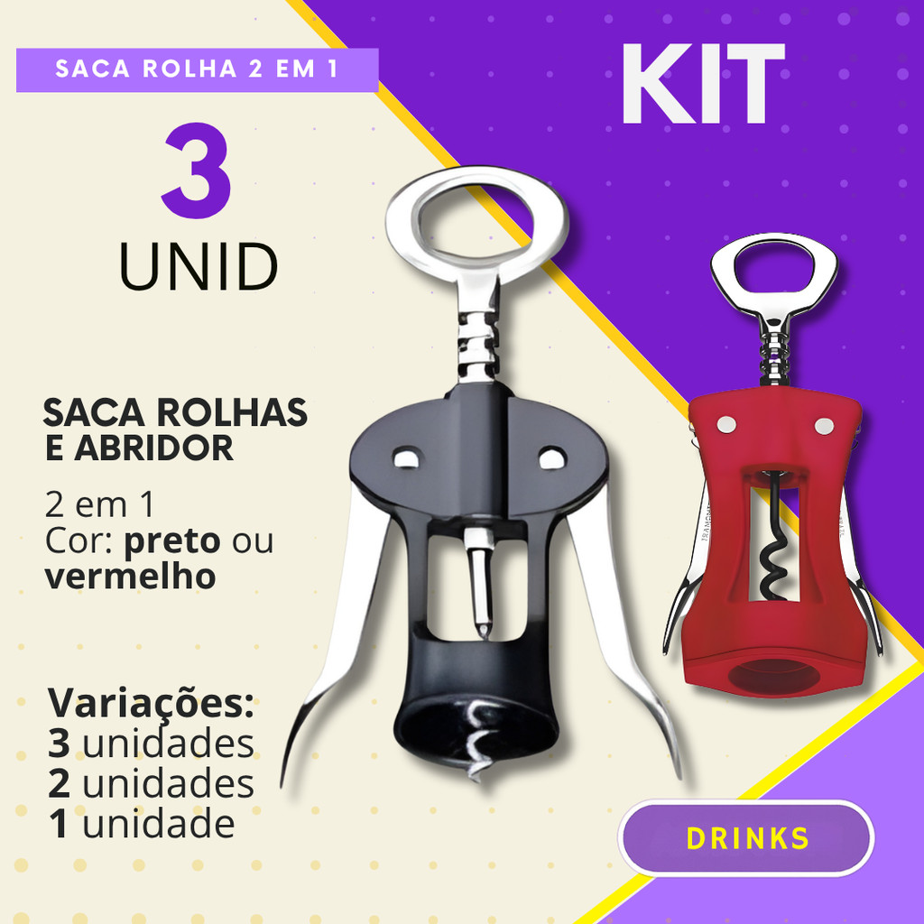 Saca Rolha Kit 3, 2 ou 1 Peça 2 em 1 Abridor de Garrafa e Vinho Bar Restaurante