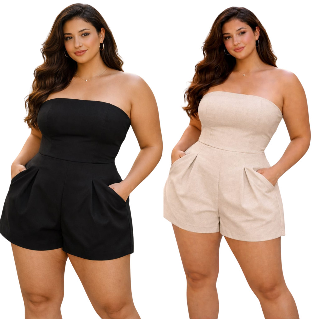 KIT Macaquinho Plus Size Shorts Elegante Curto Soltinho e Modela o Corpo Roupa Plus Size