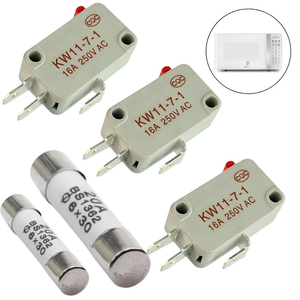 Kit Conserto Microondas 3 Chave de Porta Micro Switch KW11-7-1 + 2 Fusível 20A Ceramica