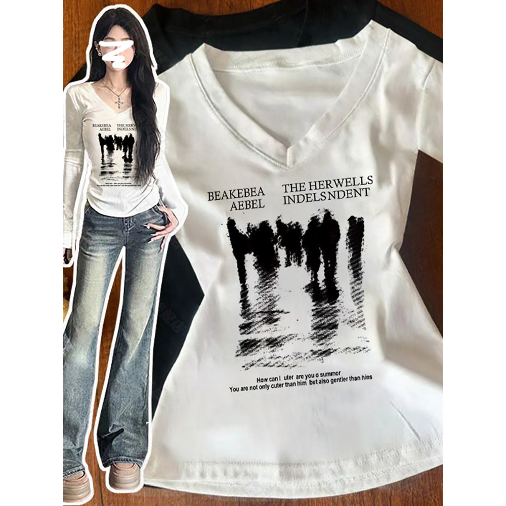 Estilo americano Formal ombro com decote em v manga comprida camiseta feminina outono carta impressão Design nicho fino-