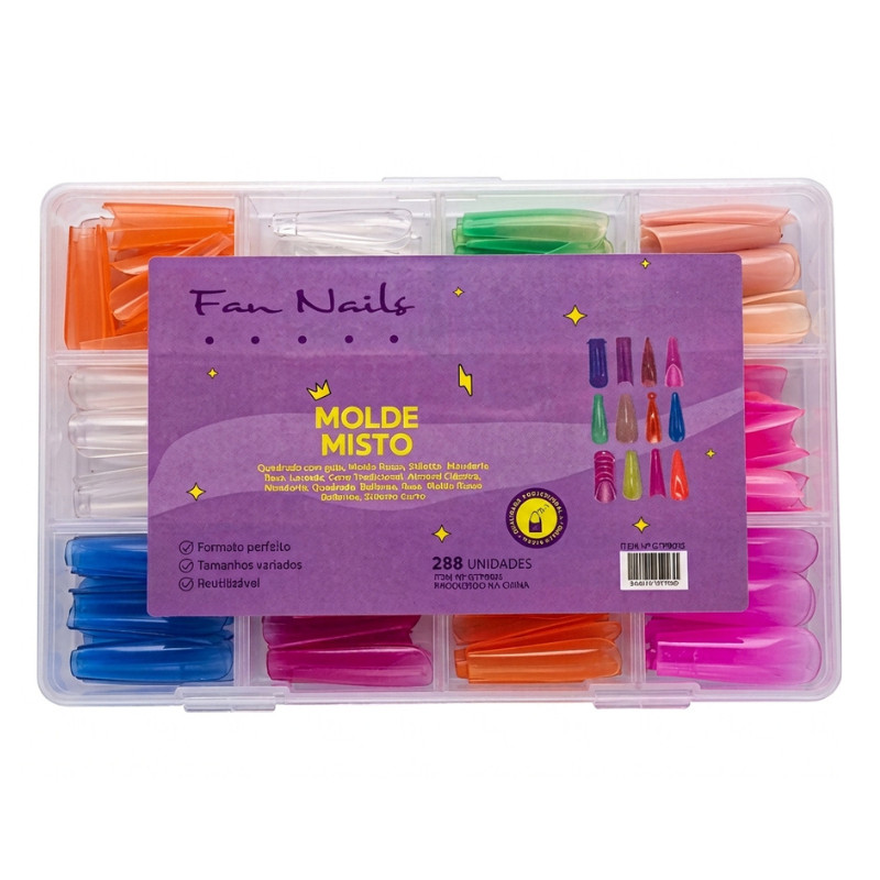 Molde F1 Dual Form Fan Nails Misto 12 Modelos Mandorla, Mandorla Raso, Stiletto e Quadrado 288 pçs