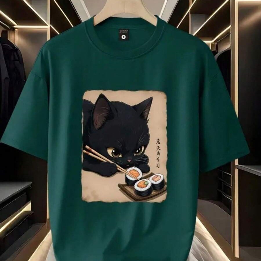 Camisa Unissex Feminina e Masculina Camiseta Confortável 100% Algodão Gato Sushi Food Gola Redonda Academia