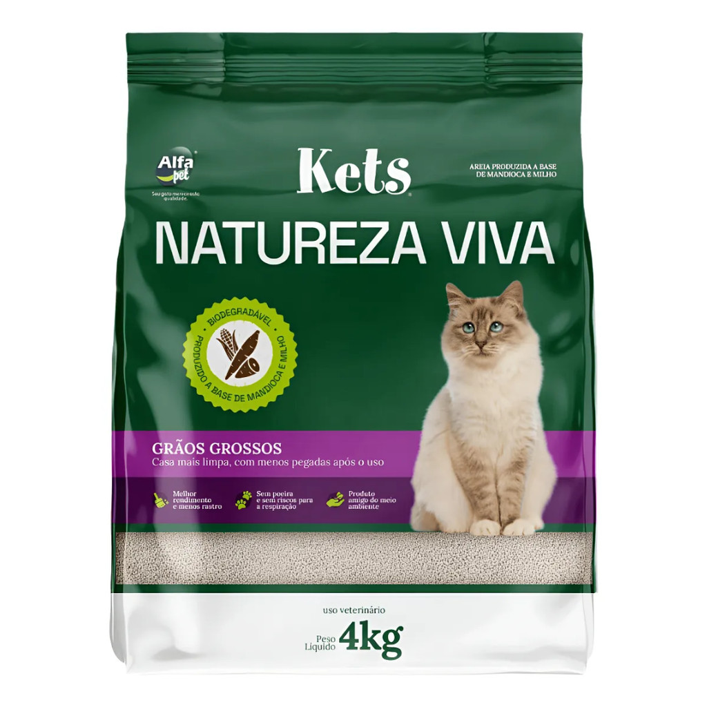 Areia Higiênica Kets Natureza Viva Grãos Grossos Para Gatos 4 kg