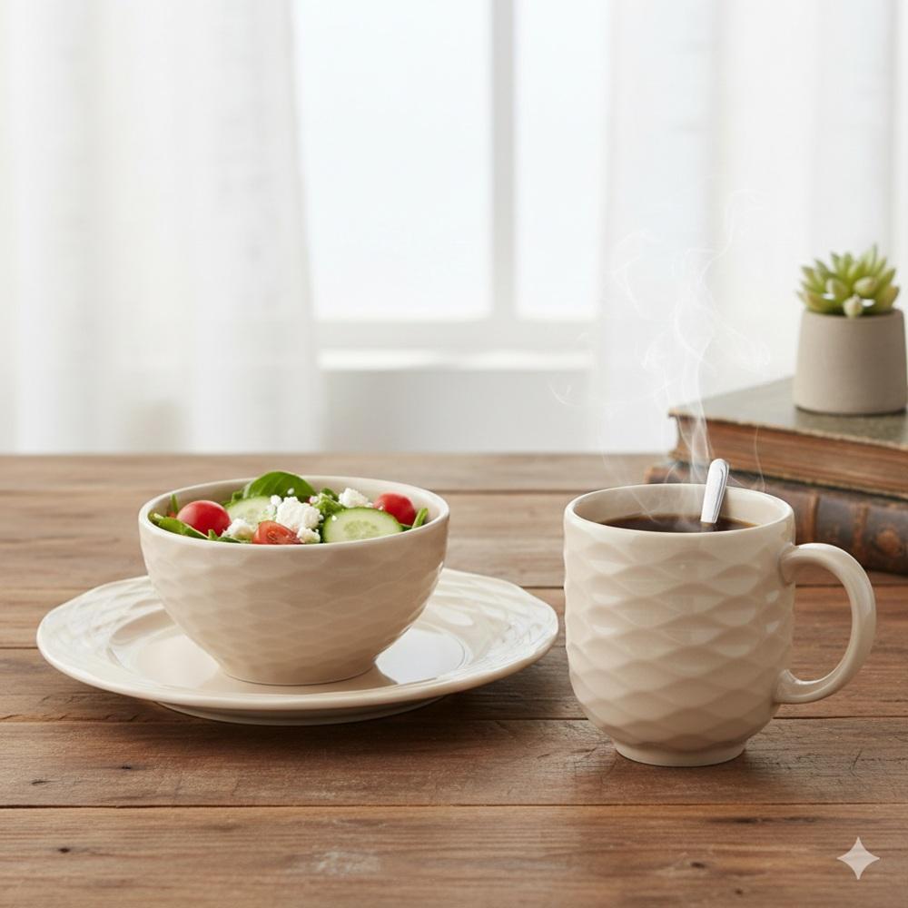 Jogo Jantar 12 Peças Creme Relevo Ondas Germer Porcelanas
