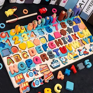 Tabuleiro Montessori Atividades Pescaria Encaixe Numeros Letras Brinquedo Educativo Infantil 6 em 1