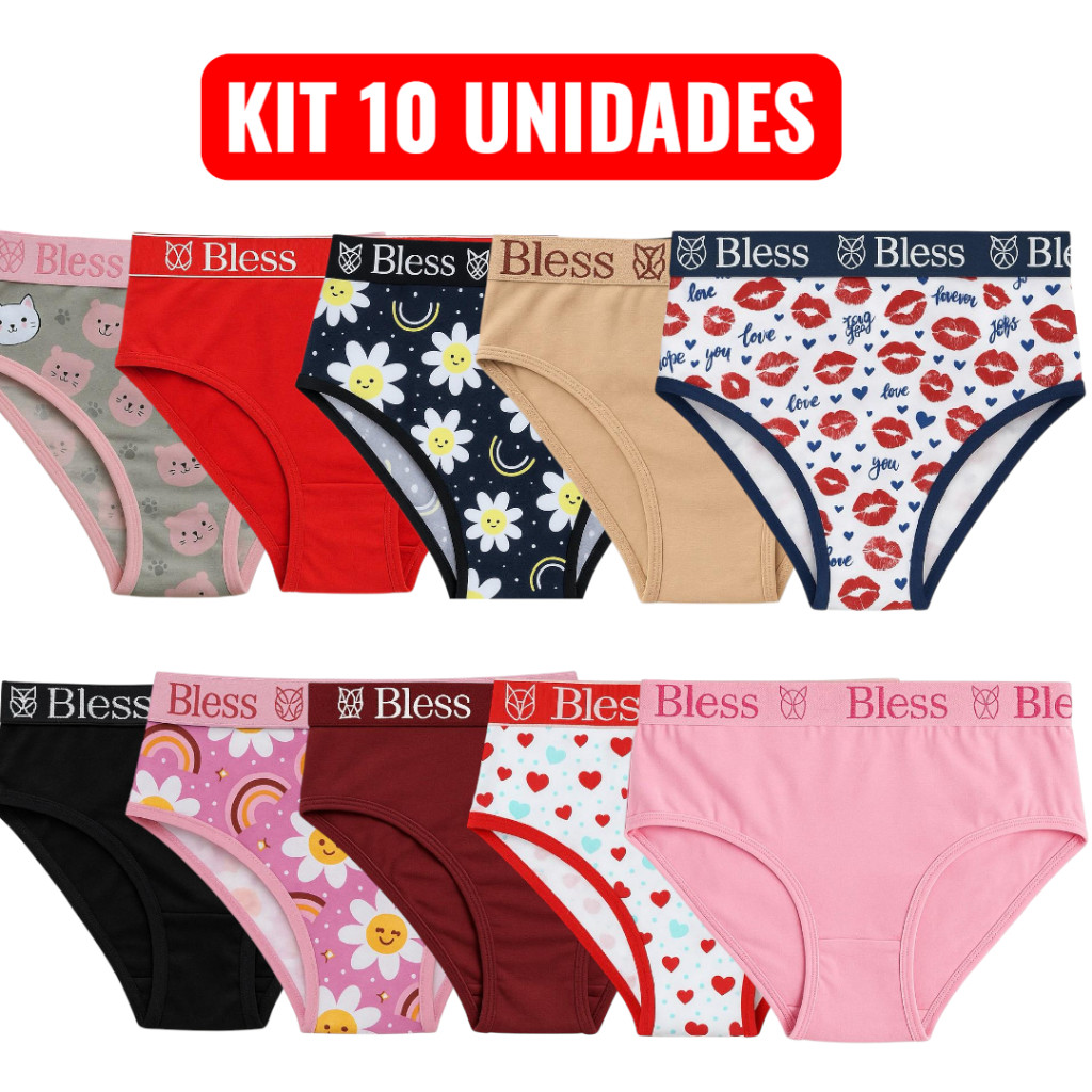 Kit 10 calcinhas infantil meninas pré adolescente algodão elástico exposto cores sortidas