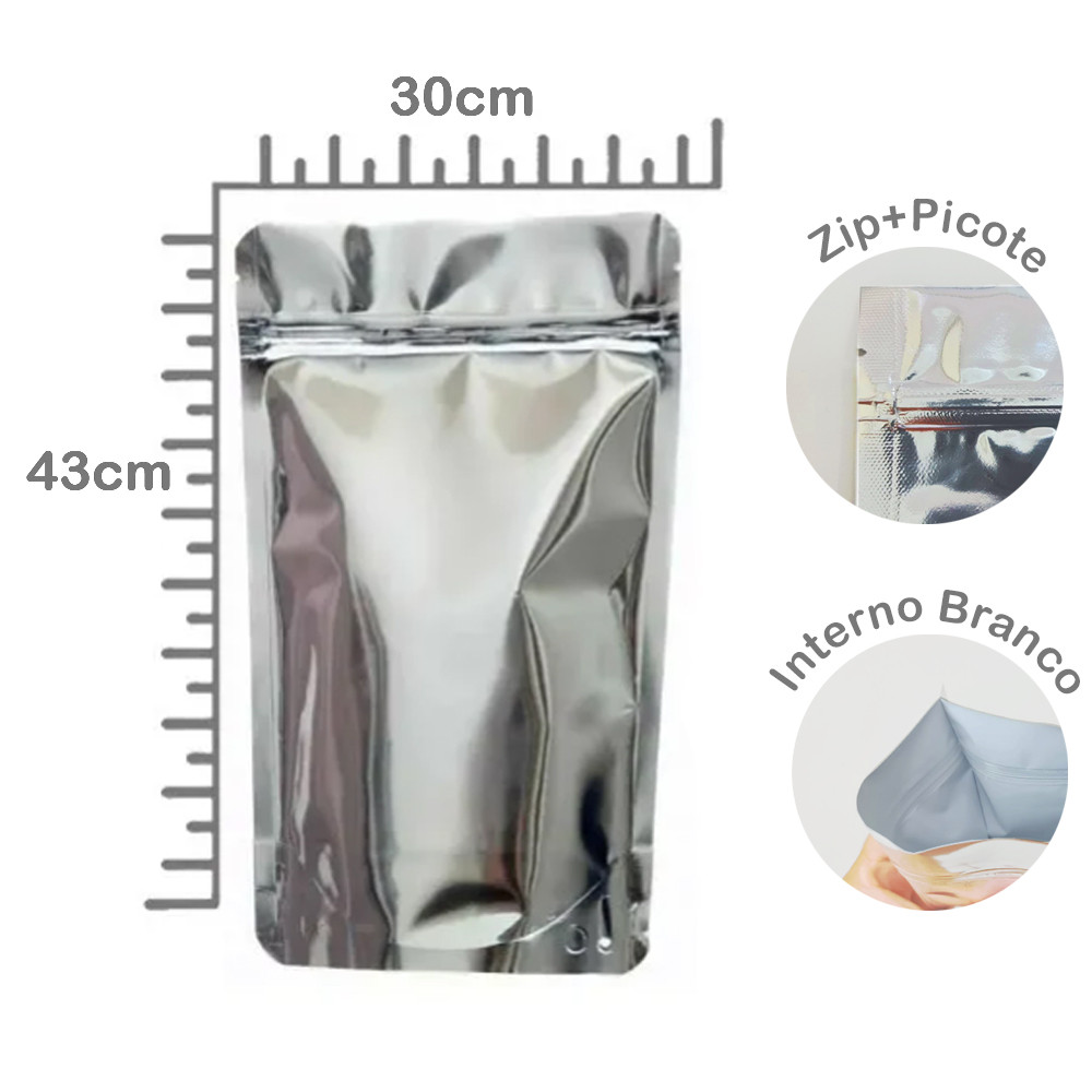 Saco Stand Up Pouch 30x43+6cm Laminado Metalizado Prata Zip - 1000un
