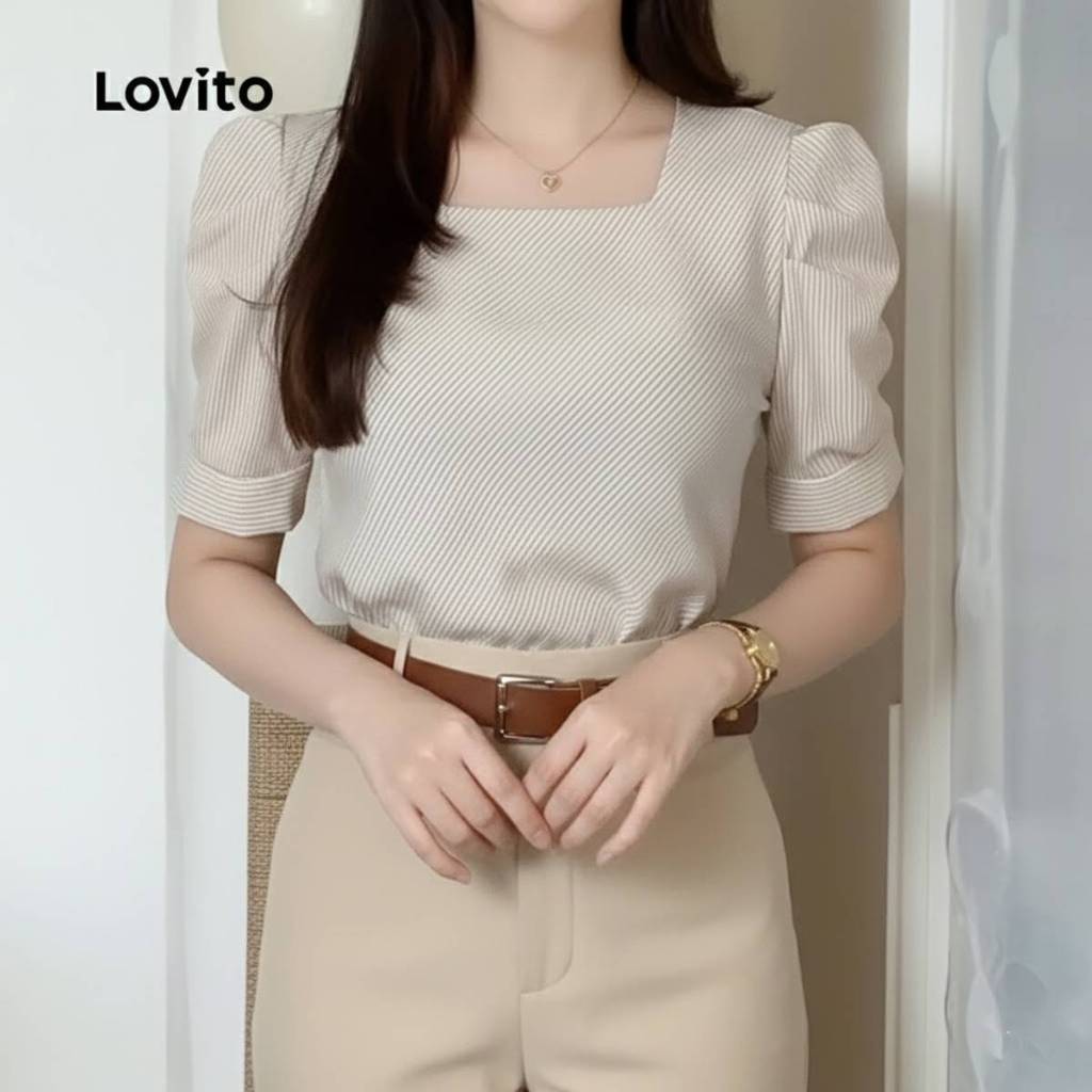 Lovito Elegante Blusa Plissada Primavera/verão Blusa Cáqui para Mulheres L171ED416
