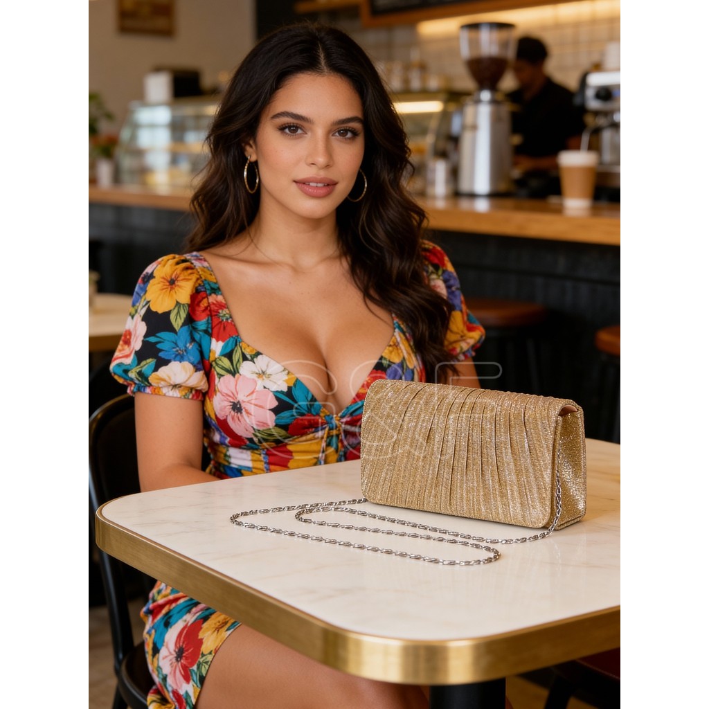 Bolsas Bolsa clutch festa listrada enrugada ondulada glitter carteiro caixinha transversal alça corrente cadeia em Oferta na Shopee