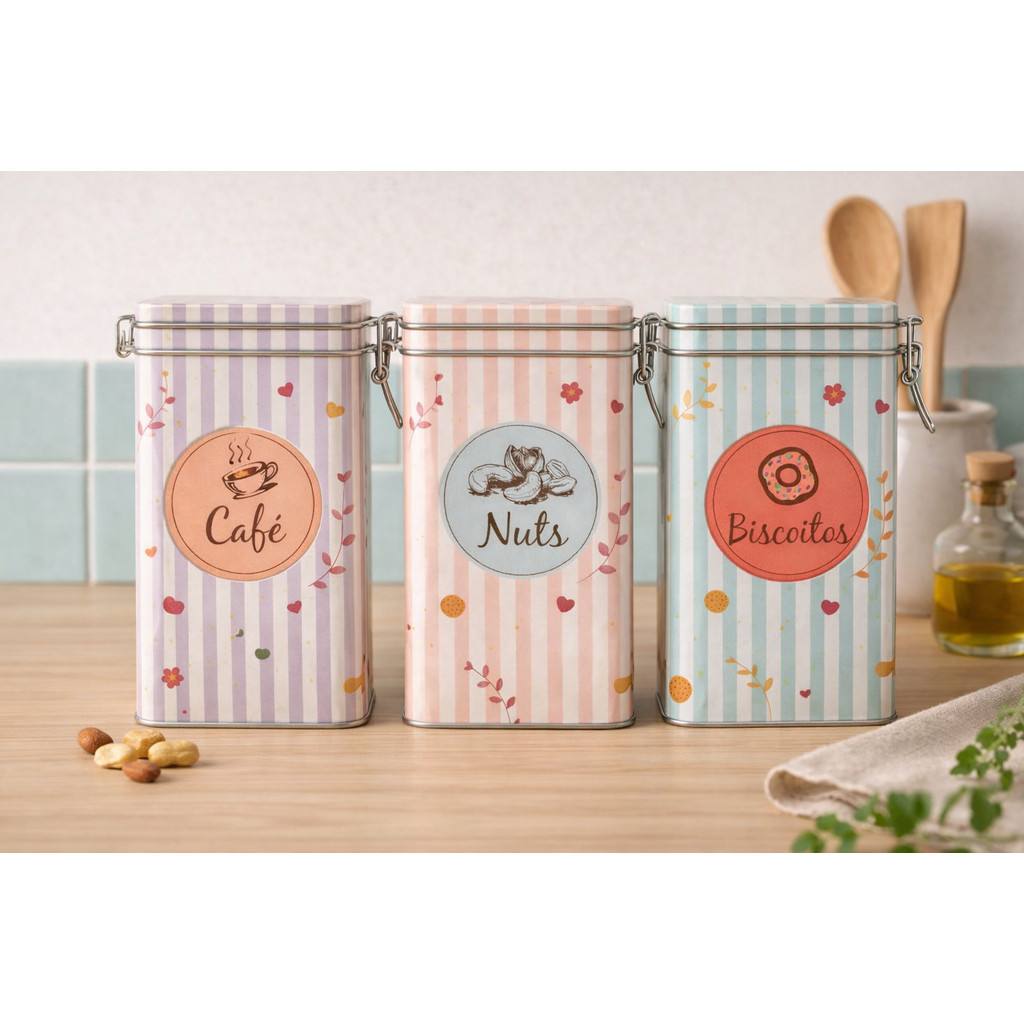 Porta Biscoito Café Inpire Crie Repita Latinhas Decorativas Lata Fecho Metálico Pote Dolce Home 20cm