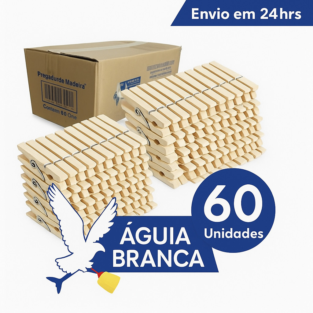 Kit com 60 Unidades  Pregadores de Madeira - Pregadores de roupa Águia Branca