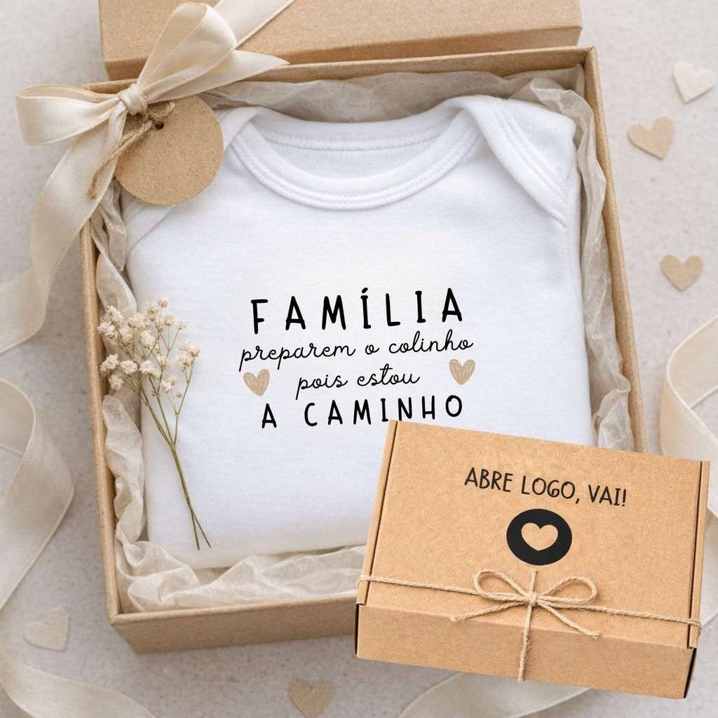 Kit Body Algodão Revelação Gravidez + Caixa Presente - Bc055 - Família preparem o colinho estou a caminho