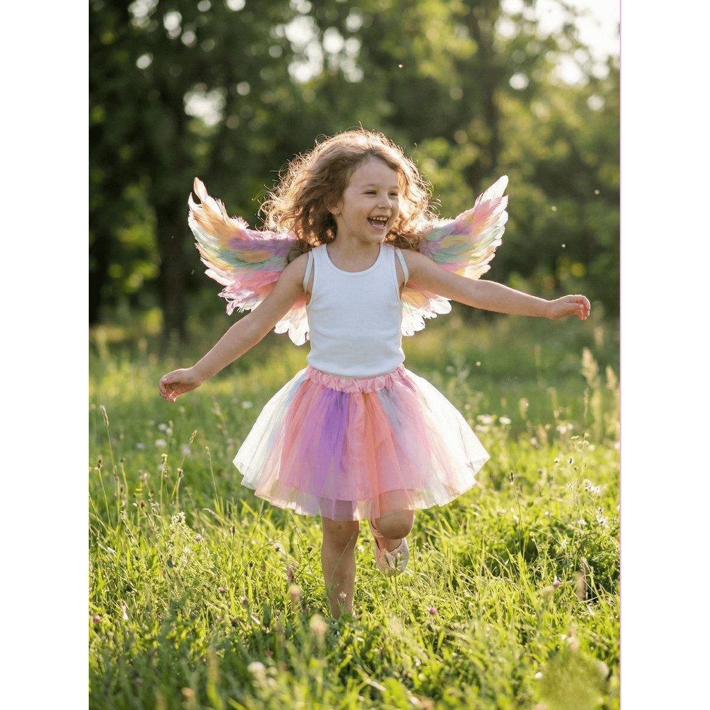 Fantasia Carnaval Menina Fada Unicórnio Kit Asa Saia Tule Colorida Anjo Tutu Festa Infantil Arco-íri