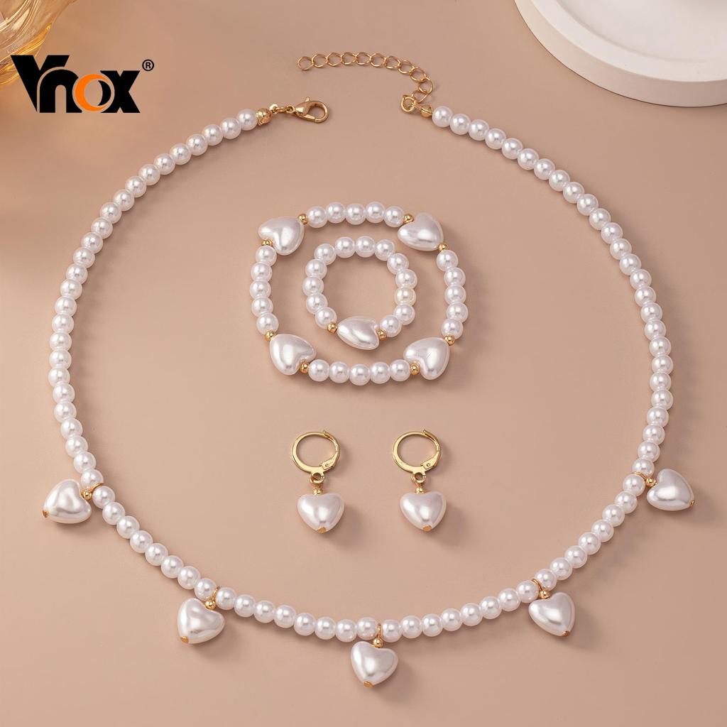 Vnox Bonito Conjunto De 4 Peças Moda Pérola Jóias Colar Pulseira Anel Brincos Corações Presentes Para Meninas Mulheres